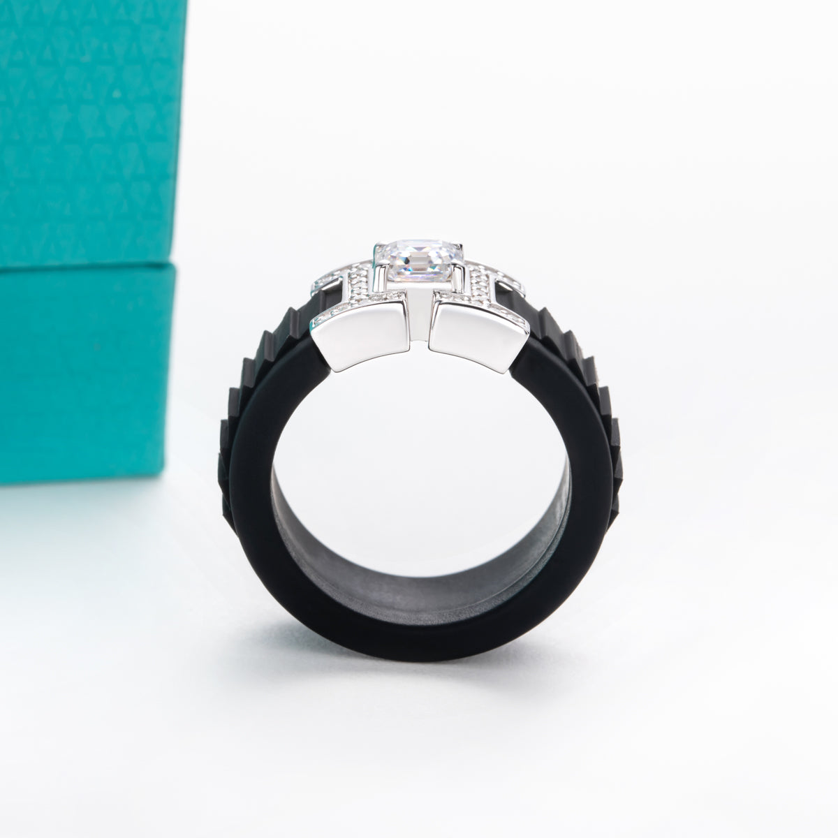 Jadeite Moissanite Black Silicone 925 Sterling Silver Ring