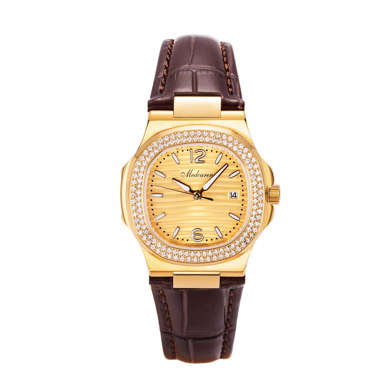 New Luxury Women' s Quartz Wristwatches 30.5mm 24K Gold Plated Fashion Ladies Calendar Watch Premium Leather Strap Waterproof