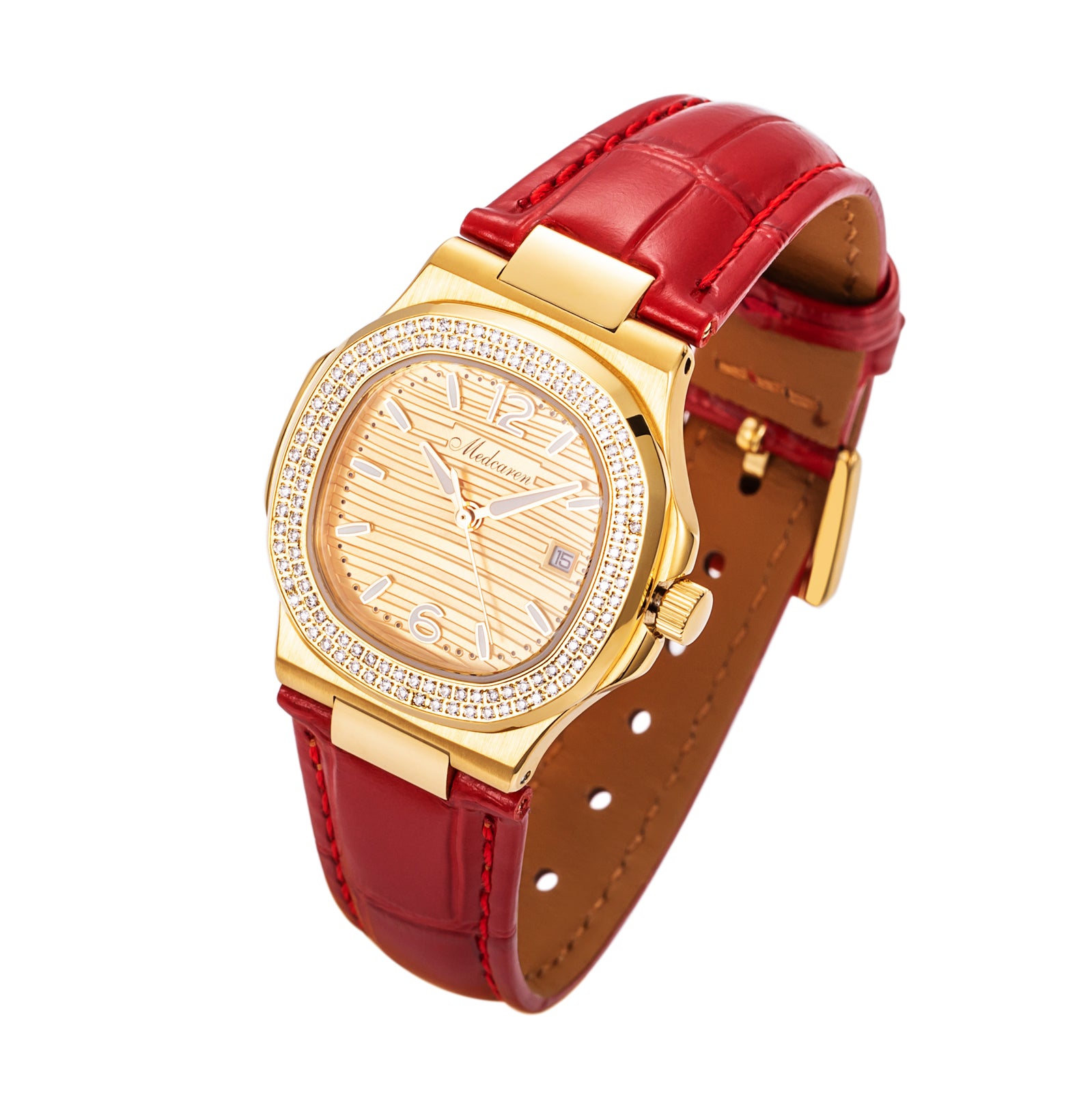 New Luxury Women' s Quartz Wristwatches 30.5mm 24K Gold Plated Fashion Ladies Calendar Watch Premium Leather Strap Waterproof