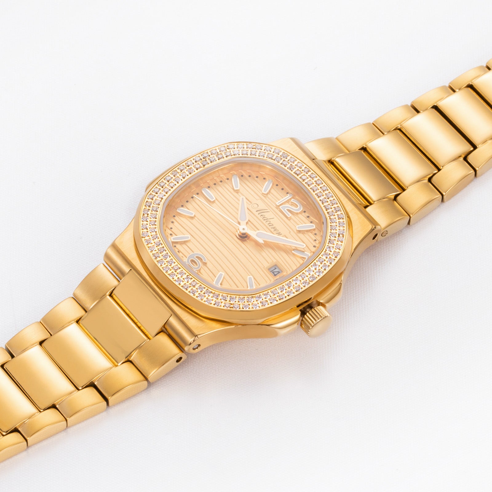 Stylish 30.5mm Women's Quartz Wristwatch 24K Gold Chronograph Dual Calendar Watch Stainless Steel Strap Ladies Watch Waterproof