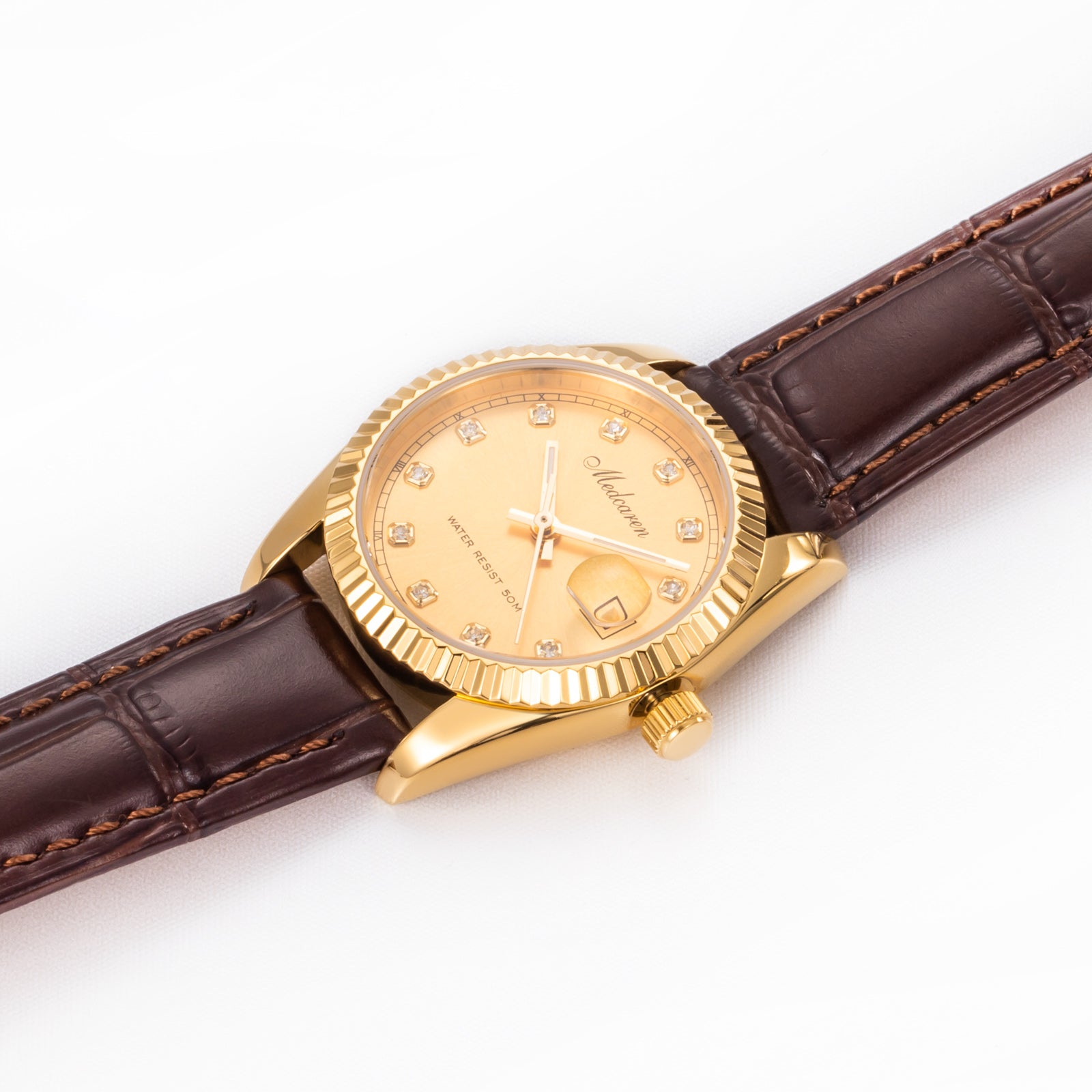 New Luxury Women' s Quartz Wristwatches 30.5mm 24K Gold Fashion Ladies Calendar Watch Premium Leather Strap Waterproof