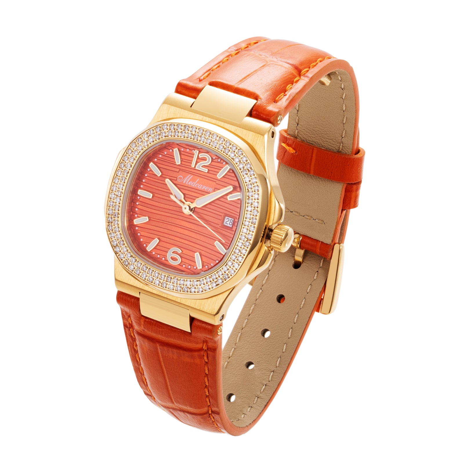 New Luxury Women' s Quartz Wristwatches 30.5mm 24K Gold Plated Fashion Ladies Calendar Watch Premium Leather Strap Waterproof