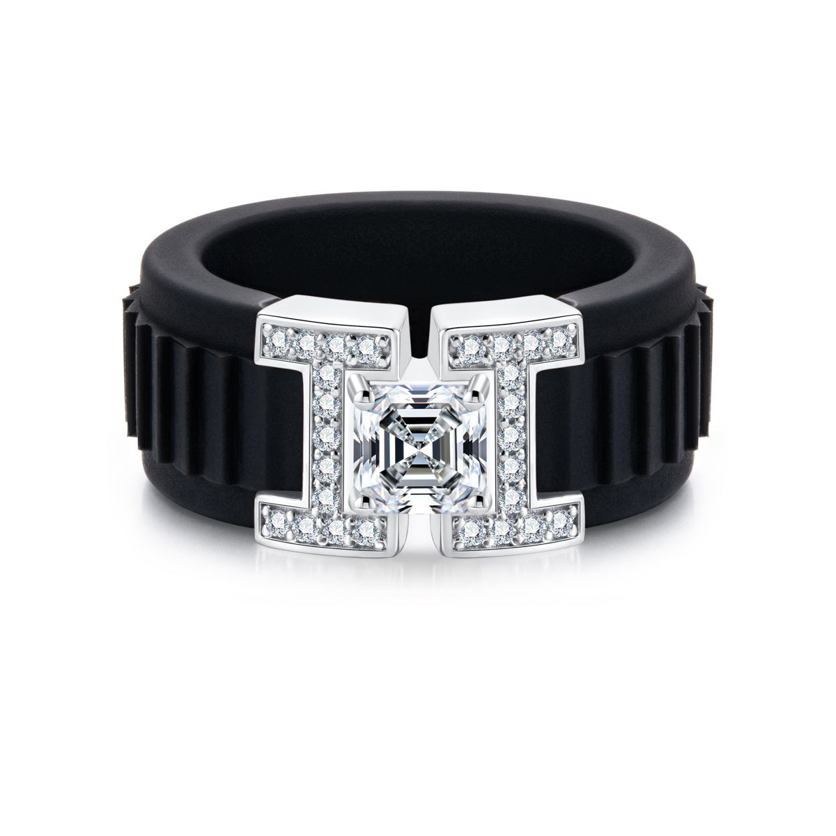 Jadeite Moissanite Black Silicone 925 Sterling Silver Ring