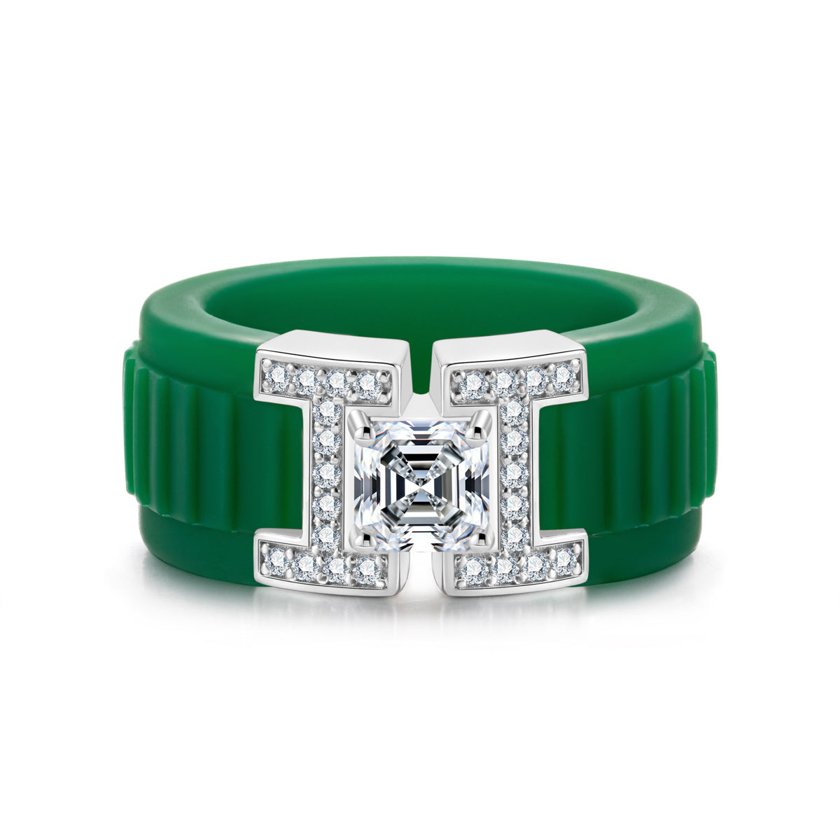 Emerald Moissanite Green Silicone 925 Sterling Silver Ring