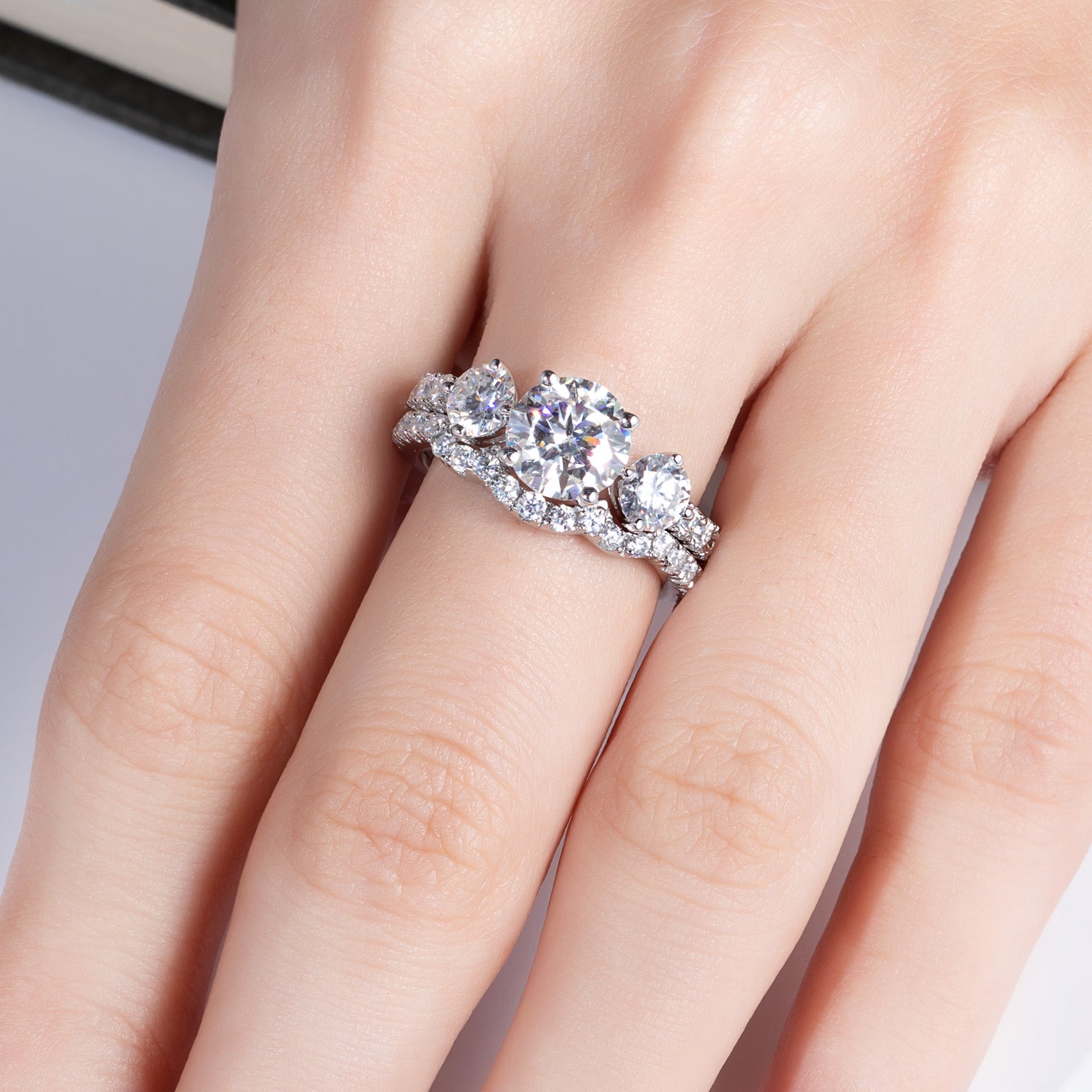 AnuClub Moissanite Wedding Rings Bridal Set 3.7CTTW D Color VVS1 Clarity Round Brilliant Cut 925 Sterling Silver Moissanite Wedding Band Engagement Rings for Women with Certificate