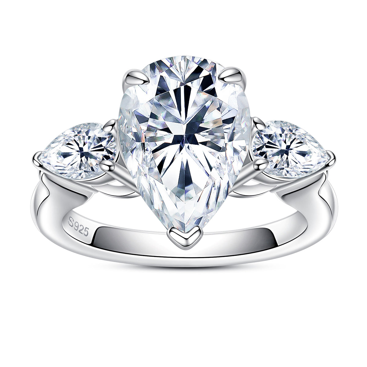 S925‑Silver Moissanite Pear‑Shape Three‑Stone Ring