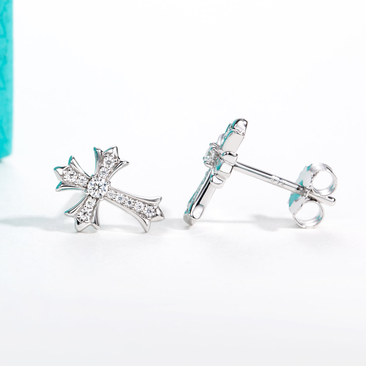 S925 Sterling Silver Long Cross Moissanite Stud Earrings