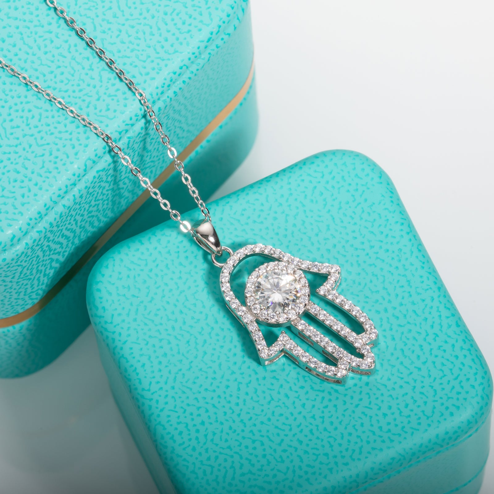 Moissanite Hamsa Hand of Fatima Pendant Necklace