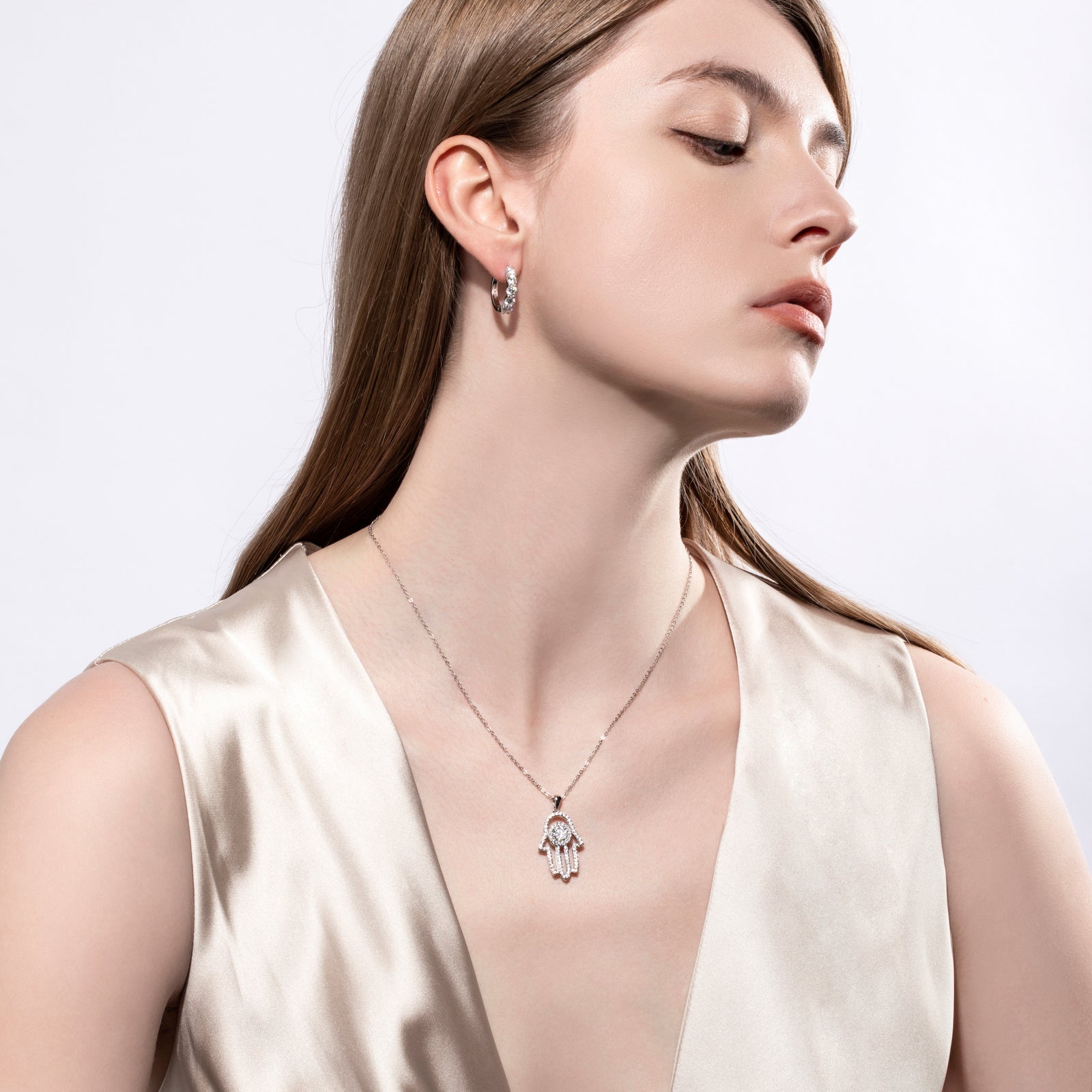 Moissanite Hamsa Hand of Fatima Pendant Necklace