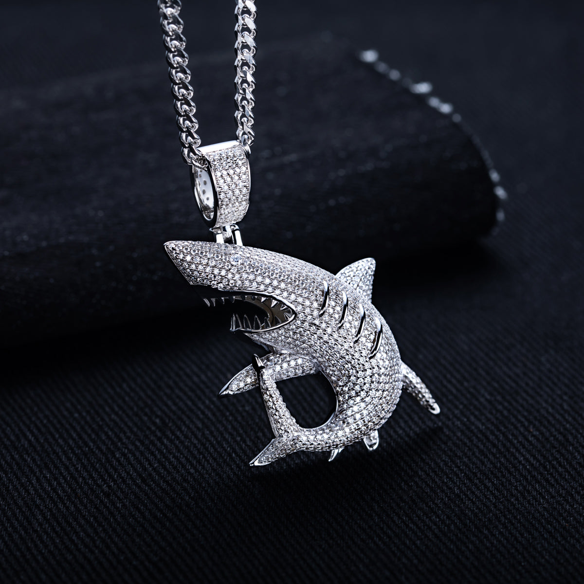 S925 Silver Moissanite Fully Paved Shark Pendant, Hip Hop Style