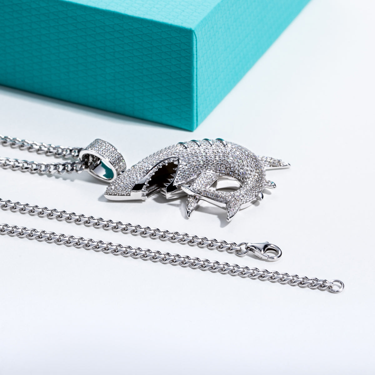 S925 Silver Moissanite Fully Paved Shark Pendant, Hip Hop Style