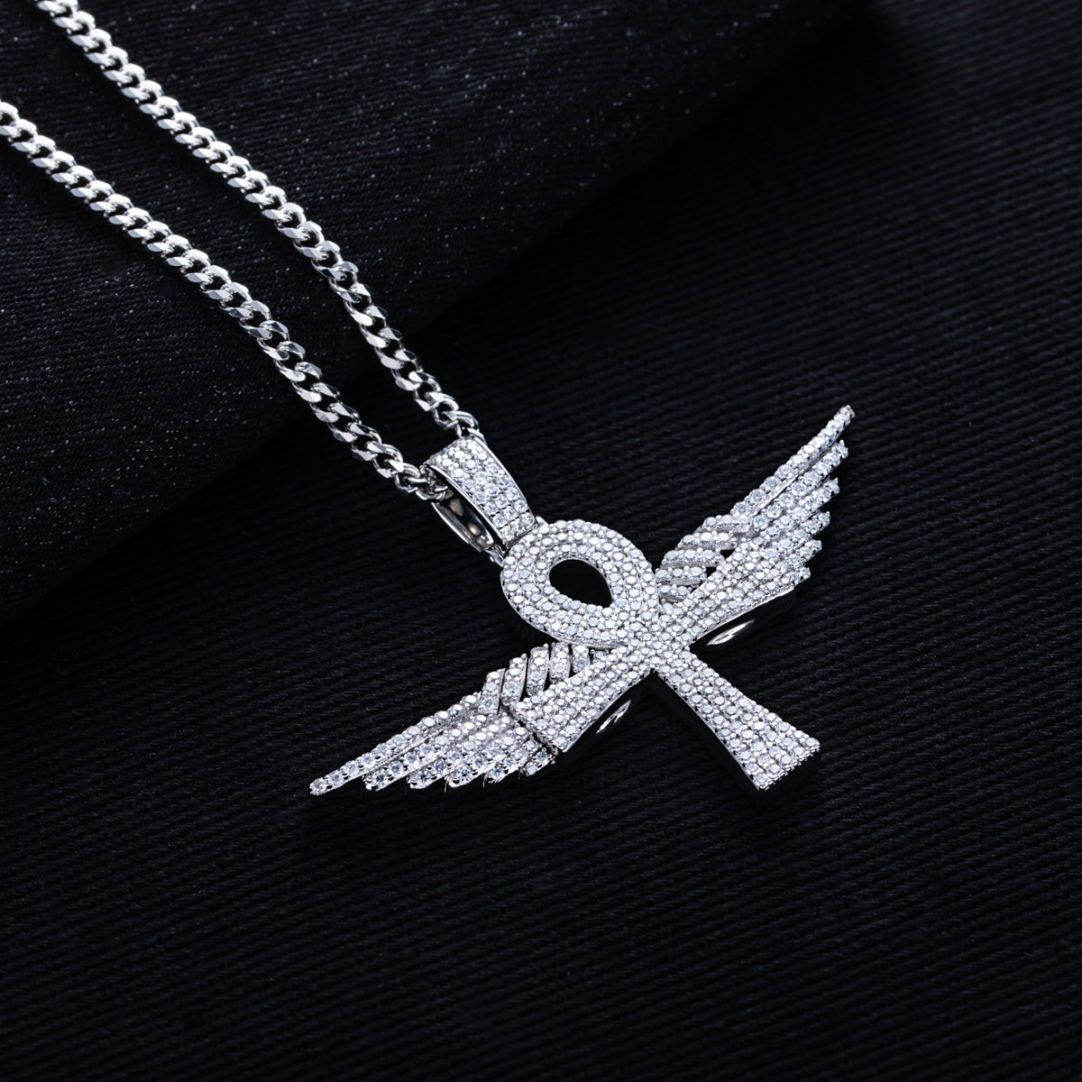 S925 Silver Moissanite Hip-hop Ankh Angel Wing Pendant