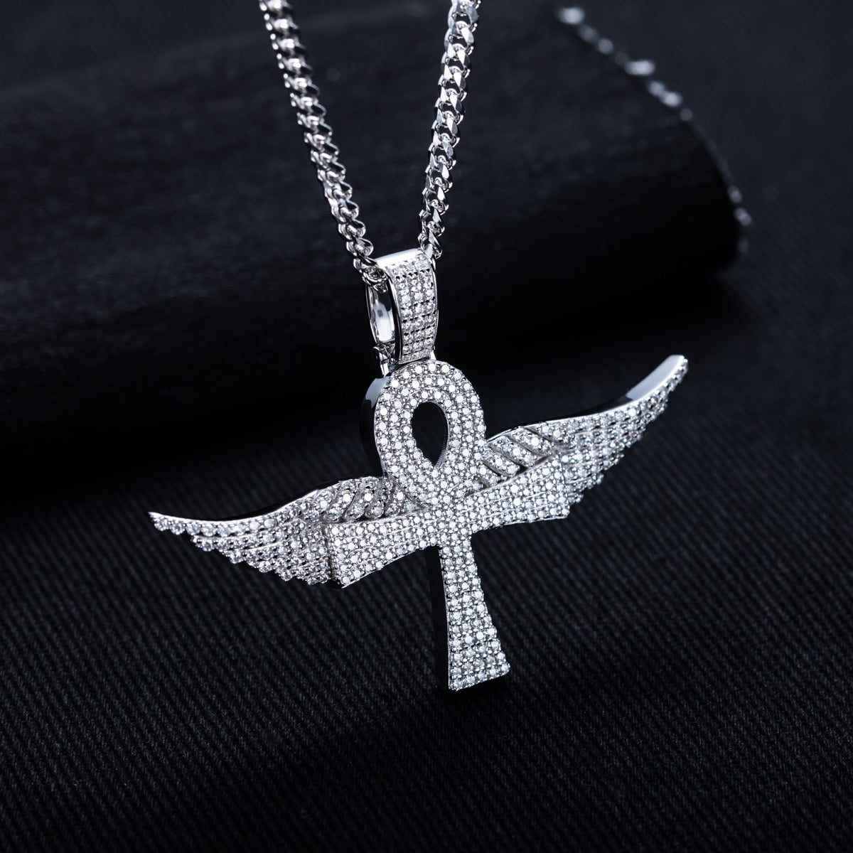 S925 Silver Moissanite Hip-hop Ankh Angel Wing Pendant