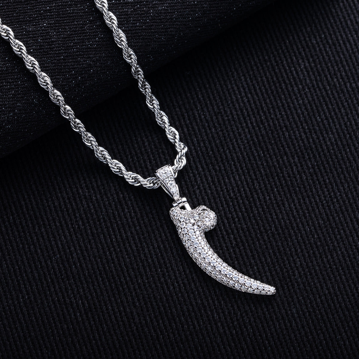 S925‑Silver Moissanite Fully‑Paved Hip‑Hop Wolf‑Tooth Pendant