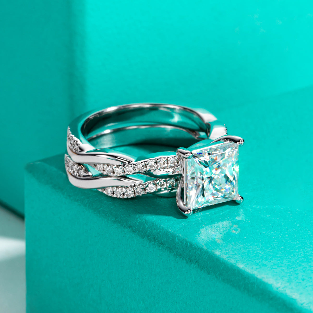 S925 Silver Moissanite 8×8mm Princess Cut Stackable Ring Set