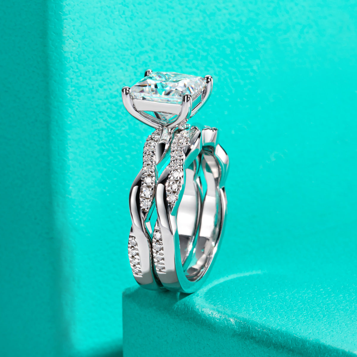 S925 Silver Moissanite 8×8mm Princess Cut Stackable Ring Set