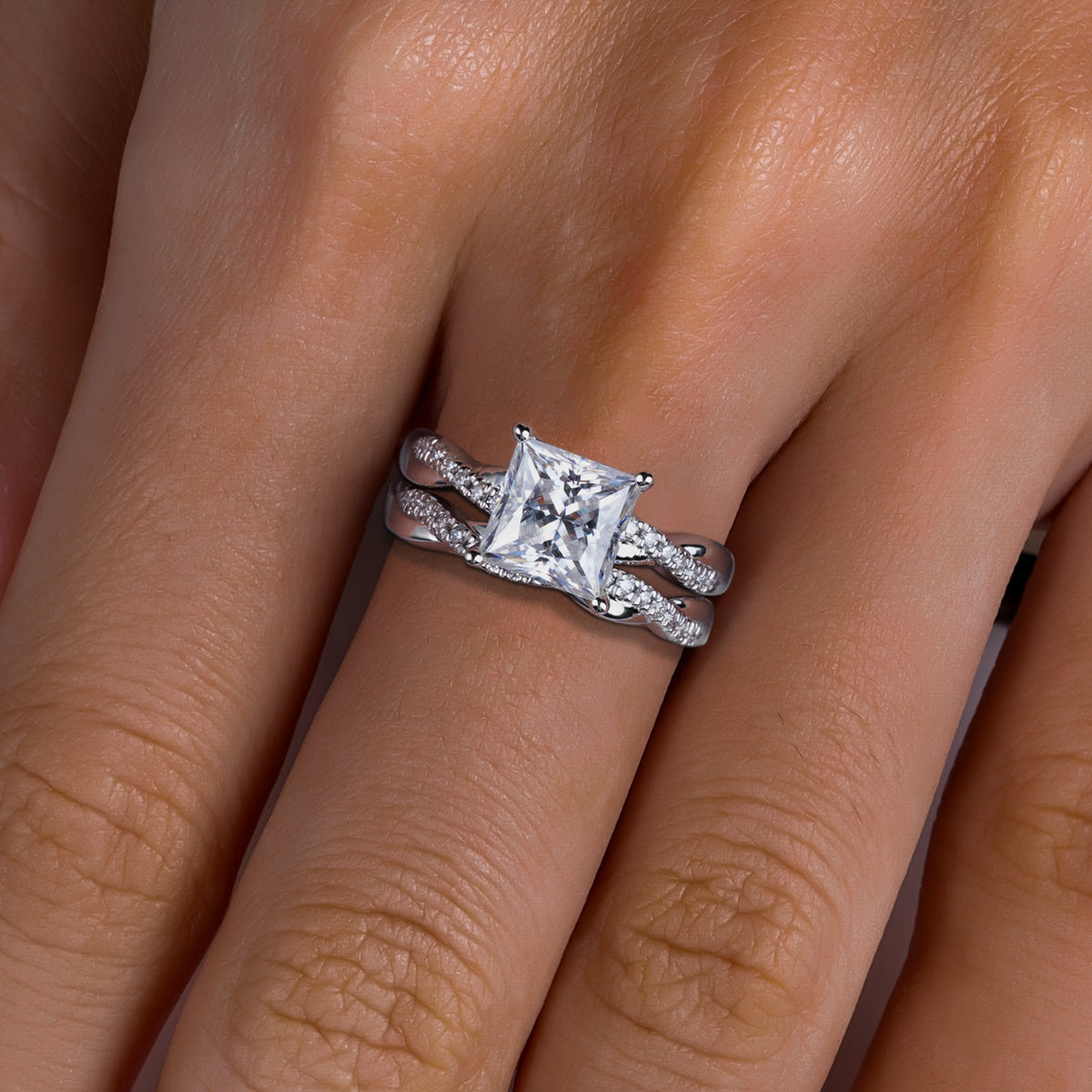 S925 Silver Moissanite 8×8mm Princess Cut Stackable Ring Set