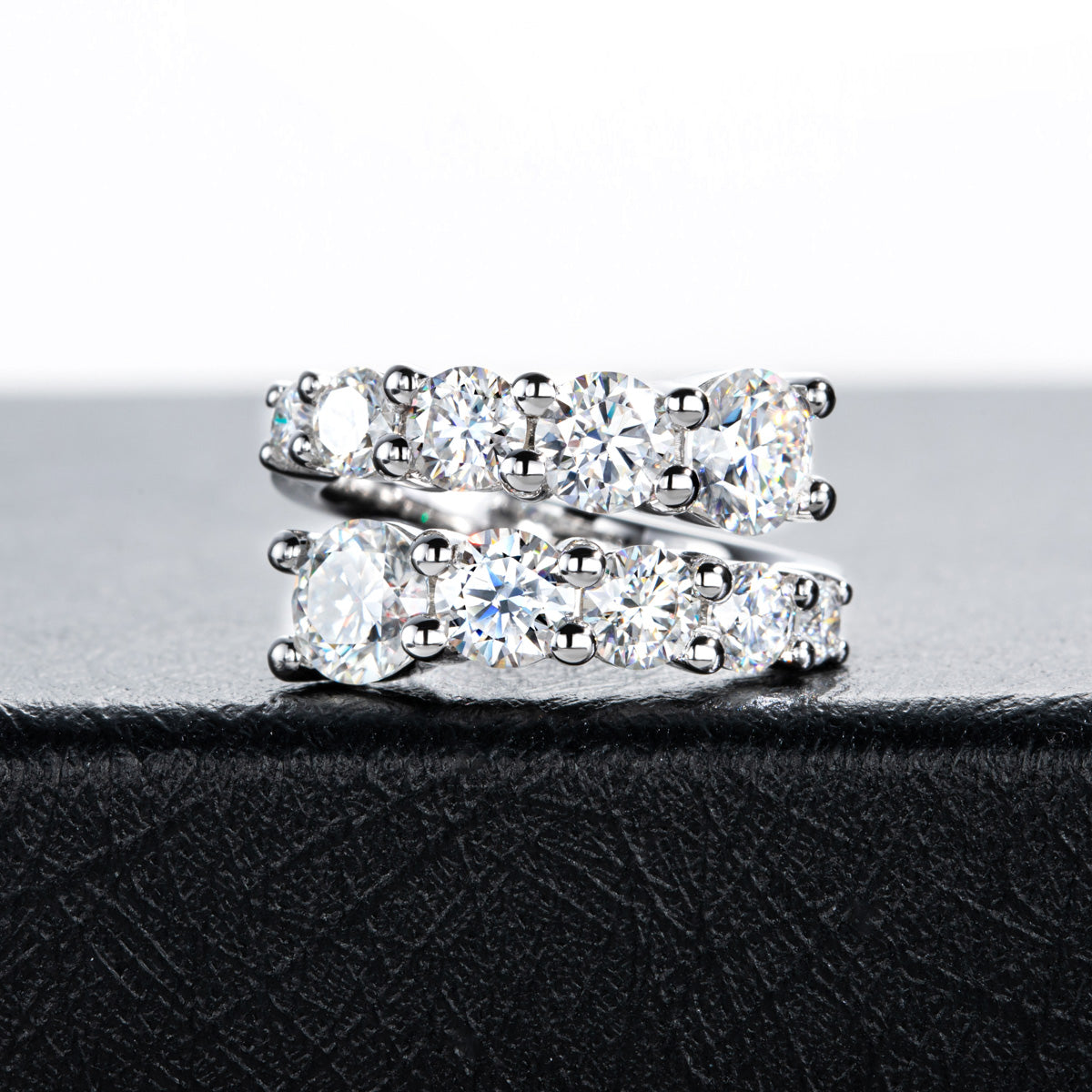 S925 Sterling Silver Double Layer Open Non-adjustable Band Moissanite Ring