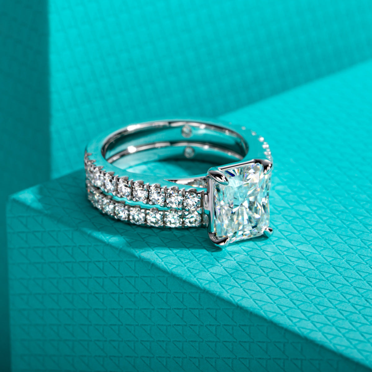 S925 Sterling Silver Radiant Cut Moissanite Ring Set
