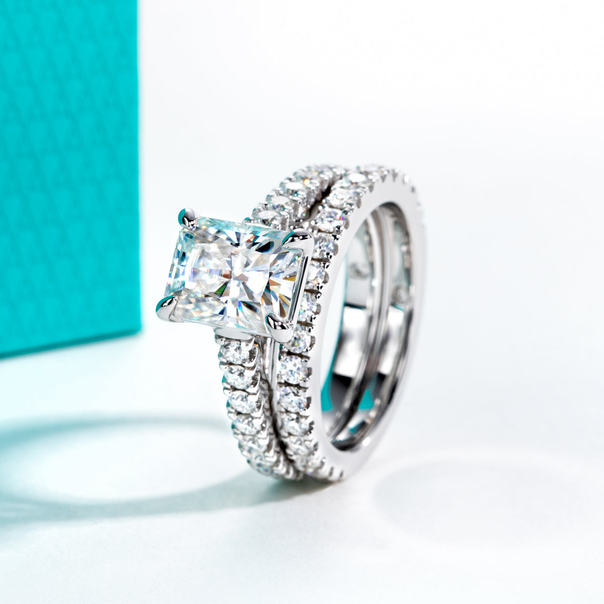 S925 Sterling Silver Radiant Cut Moissanite Ring Set