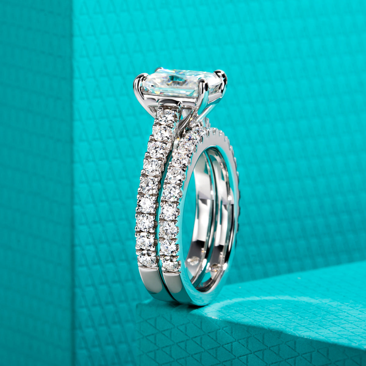 S925 Sterling Silver Radiant Cut Moissanite Ring Set