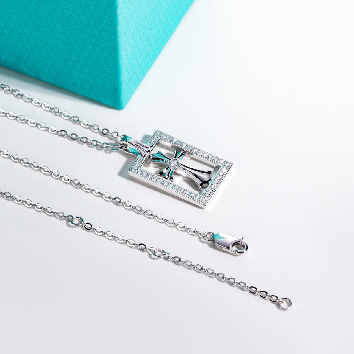 S925 Silver Moissanite Cross Square Clavicle Chain Pendant
