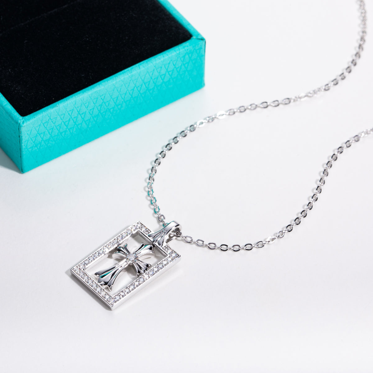 S925 Silver Moissanite Cross Square Clavicle Chain Pendant