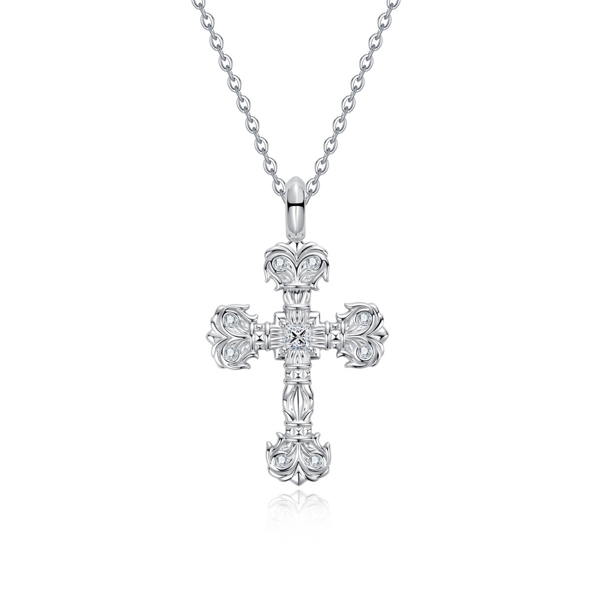 S925 Silver Moissanite Flame Cross Clavicle Chain Pendant