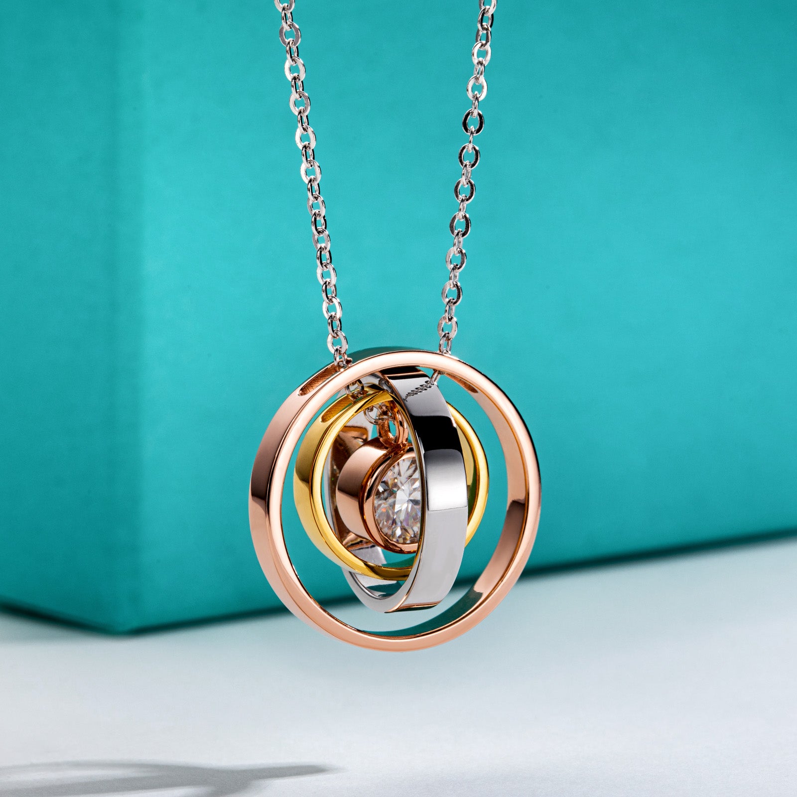 AnuClub Moissanite Pendant Couple Men's Three Ring Element Ring Rotating D Color VVS1 925 Sterling Silver Adjustable Necklace Gift for Women Wife Her with Certificate