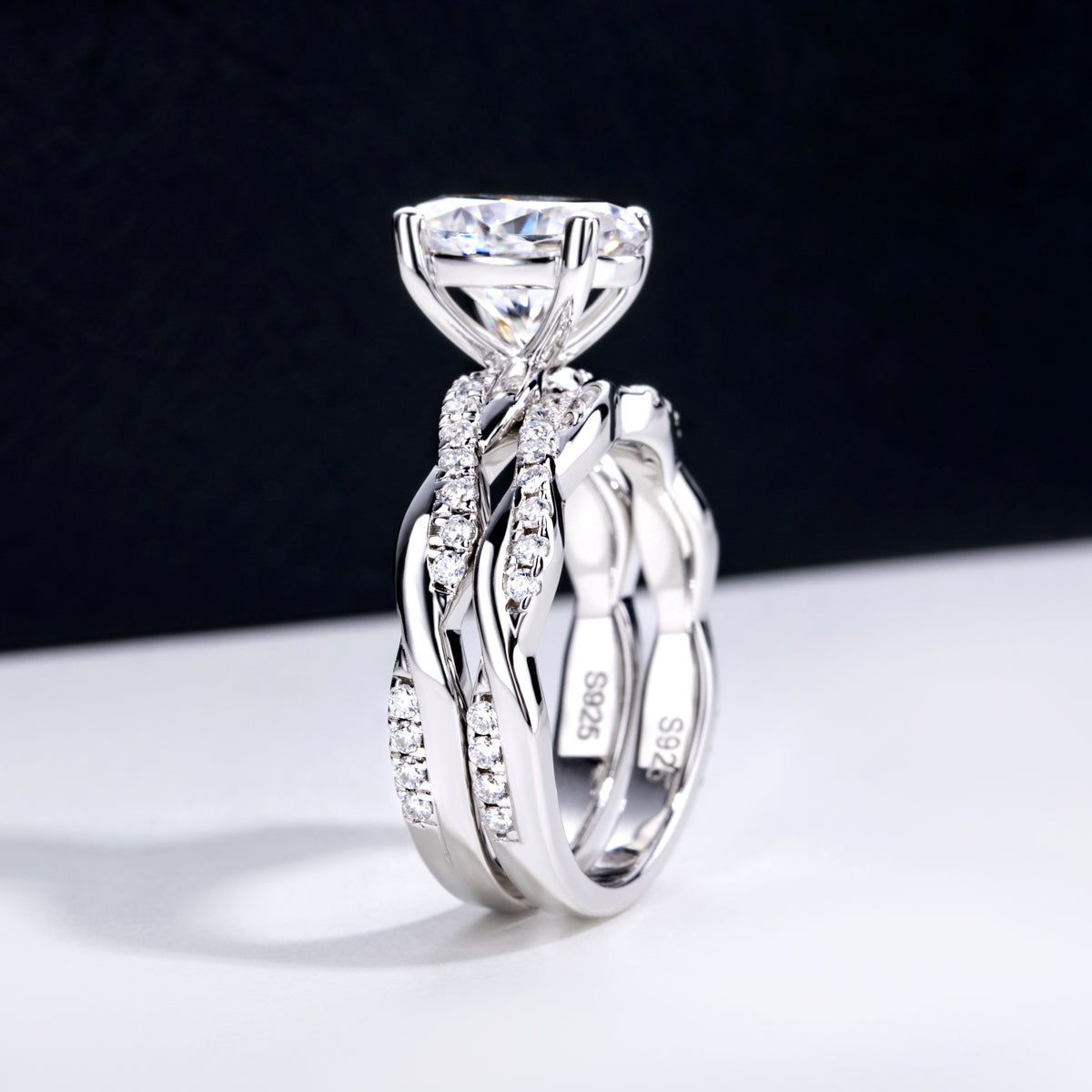 S925‑Silver Oval Moissanite Twisted Band Stackable Ring, 3.0 CT