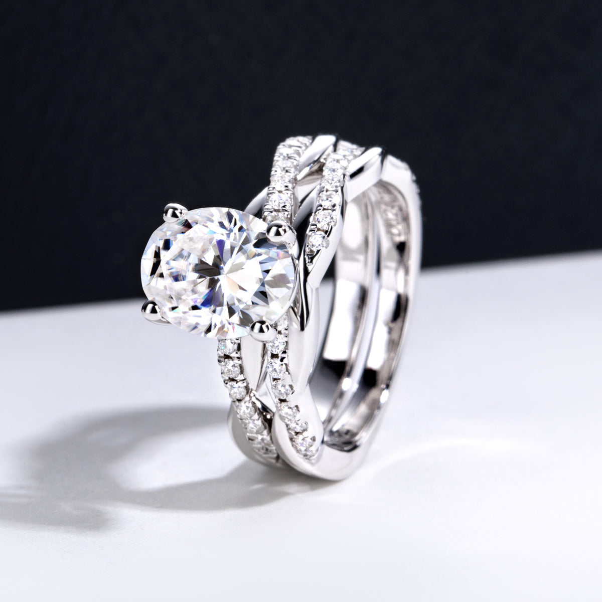S925‑Silver Oval Moissanite Twisted Band Stackable Ring, 3.0 CT