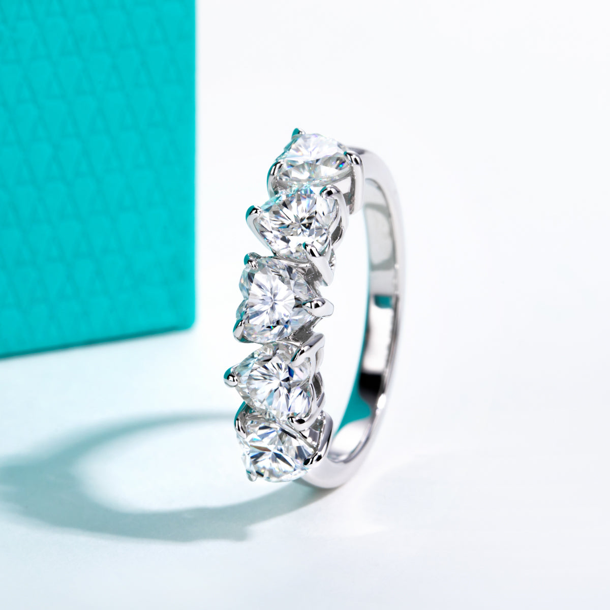S925 Sterling Silver Five-Stone Heart Moissanite Ring