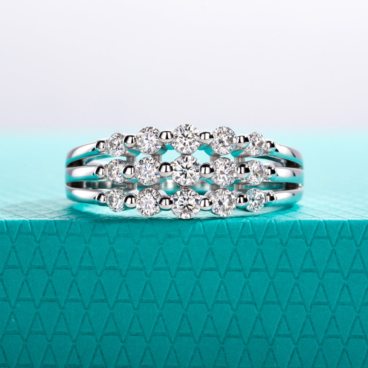 S925 Silver 5‑Stone Three‑Row Moissanite Ring
