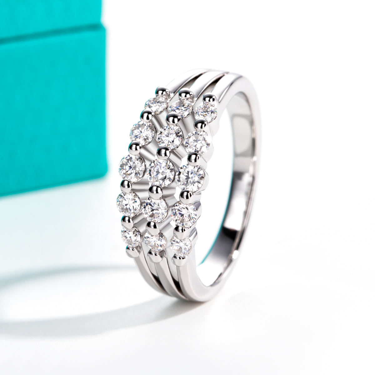 S925 Silver 5‑Stone Three‑Row Moissanite Ring