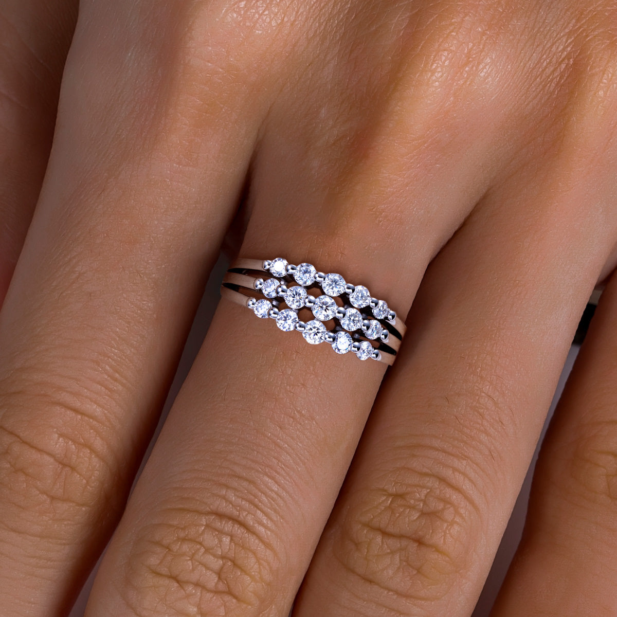 S925 Silver 5‑Stone Three‑Row Moissanite Ring