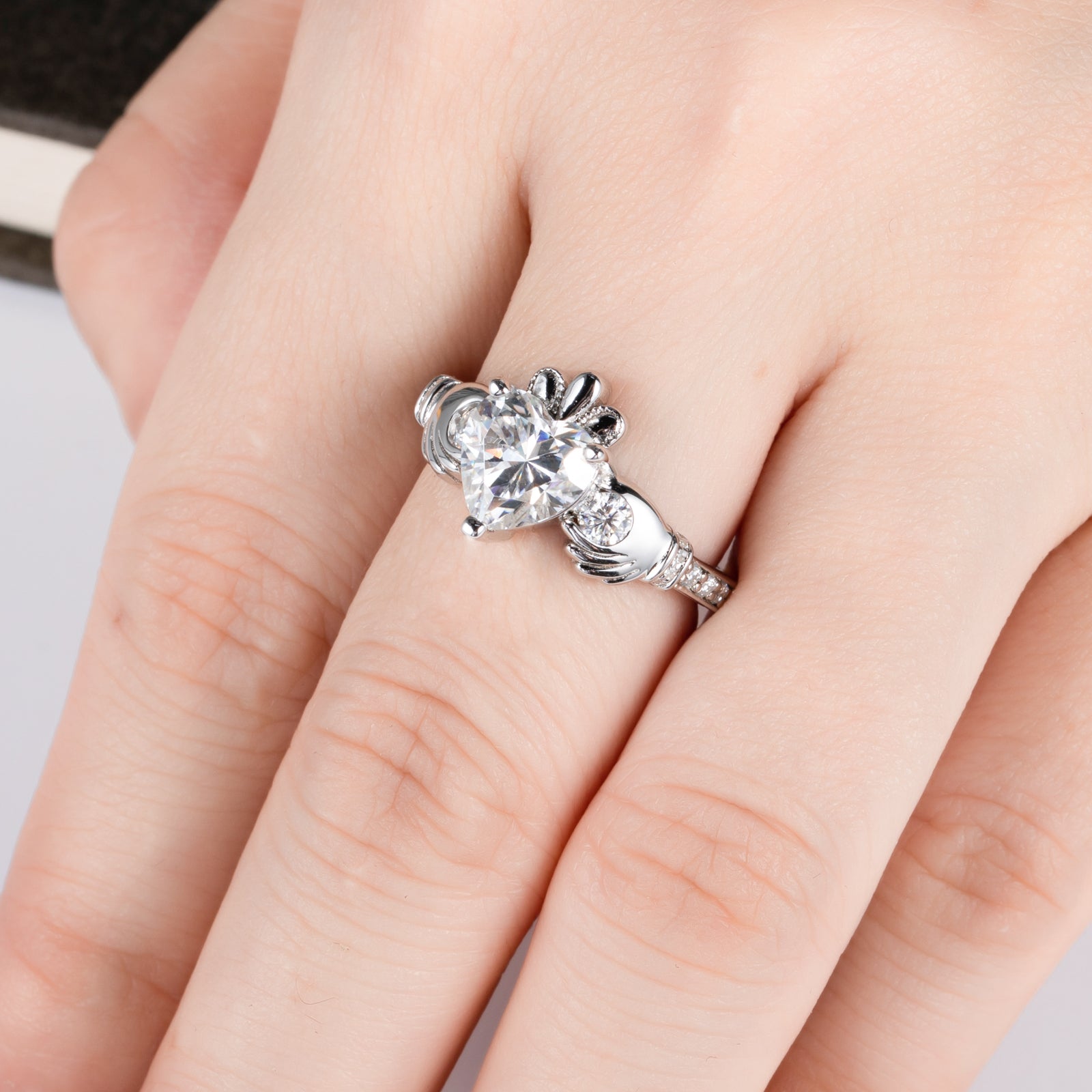 AnuClub 2.33cttw Moissanite Claddagh Irish Ring, Celtic Knot Crown Engagement Ring for Women, D Color and VVS1, 18K White Gold Plated 925 Sterling Silver, Anniversary Wedding Promise Ring.