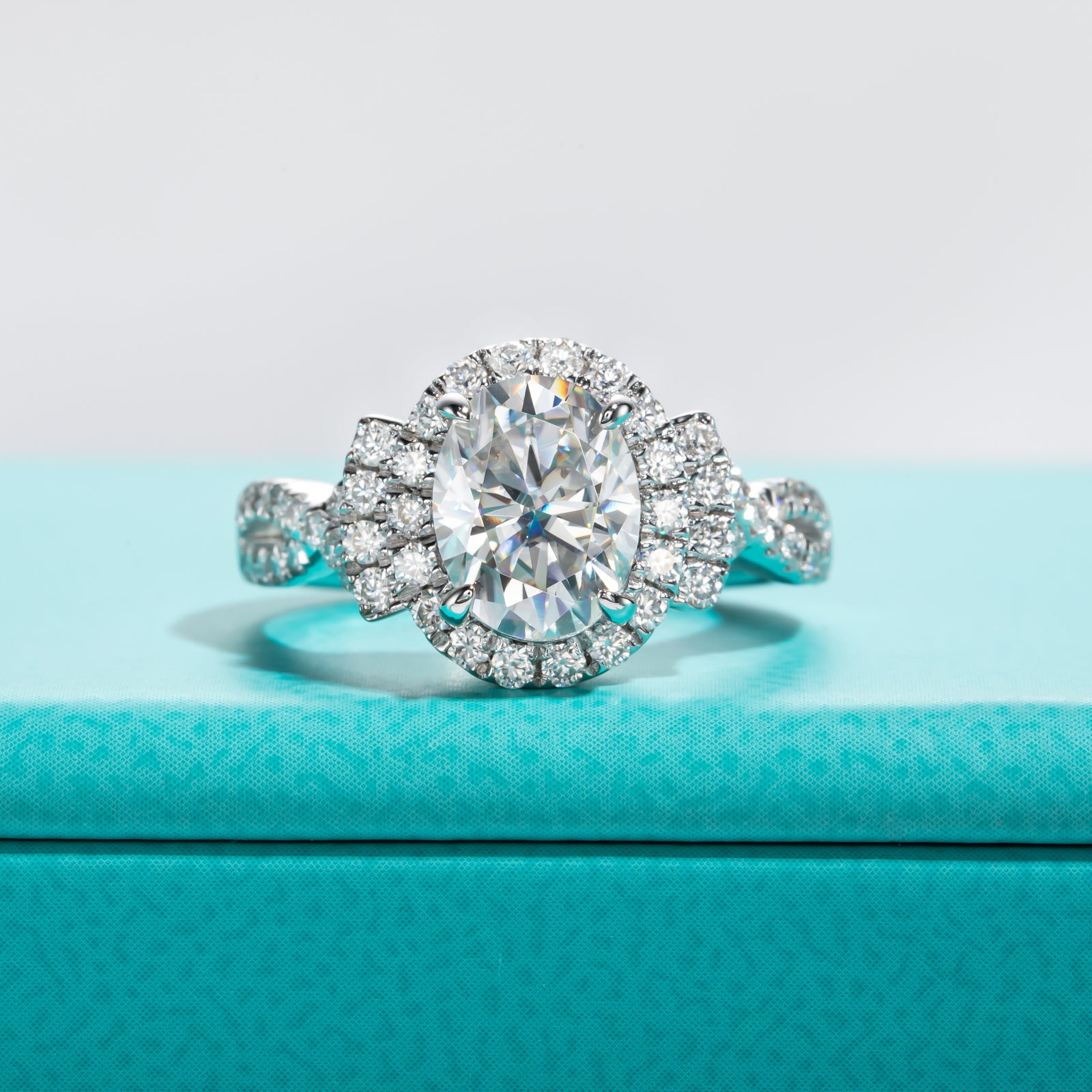 Oval Cut Halo Moissanite Engagement Ring (2 ct)