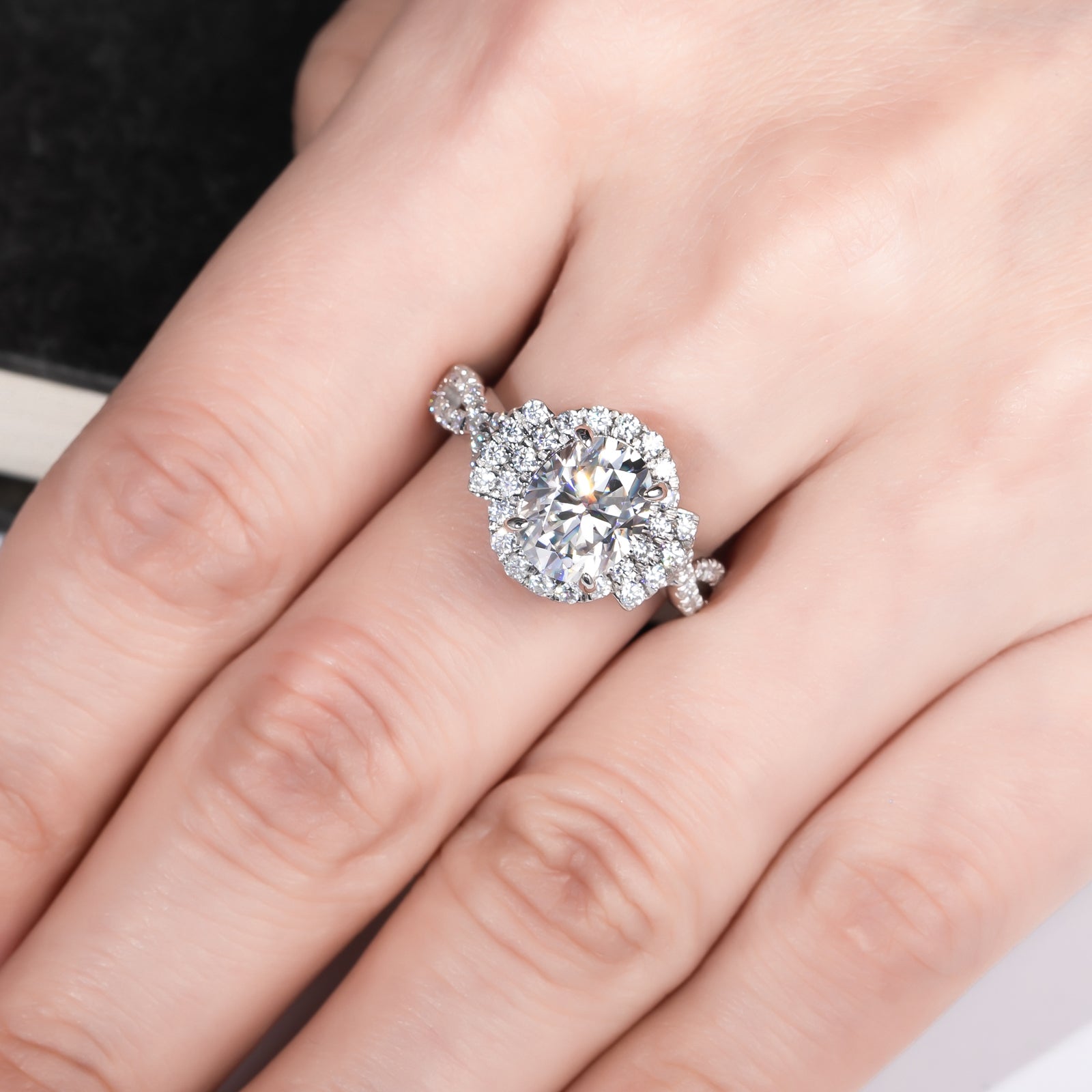 Oval Cut Halo Moissanite Engagement Ring (2 ct)