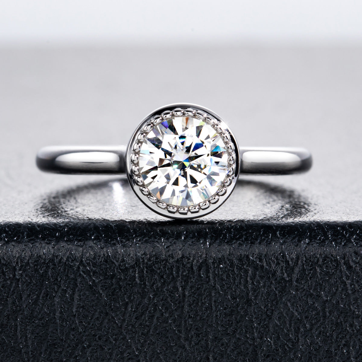 1CT Round Moissanite Ring, 6.5mm Stone, 18K Gold Bezel Setting