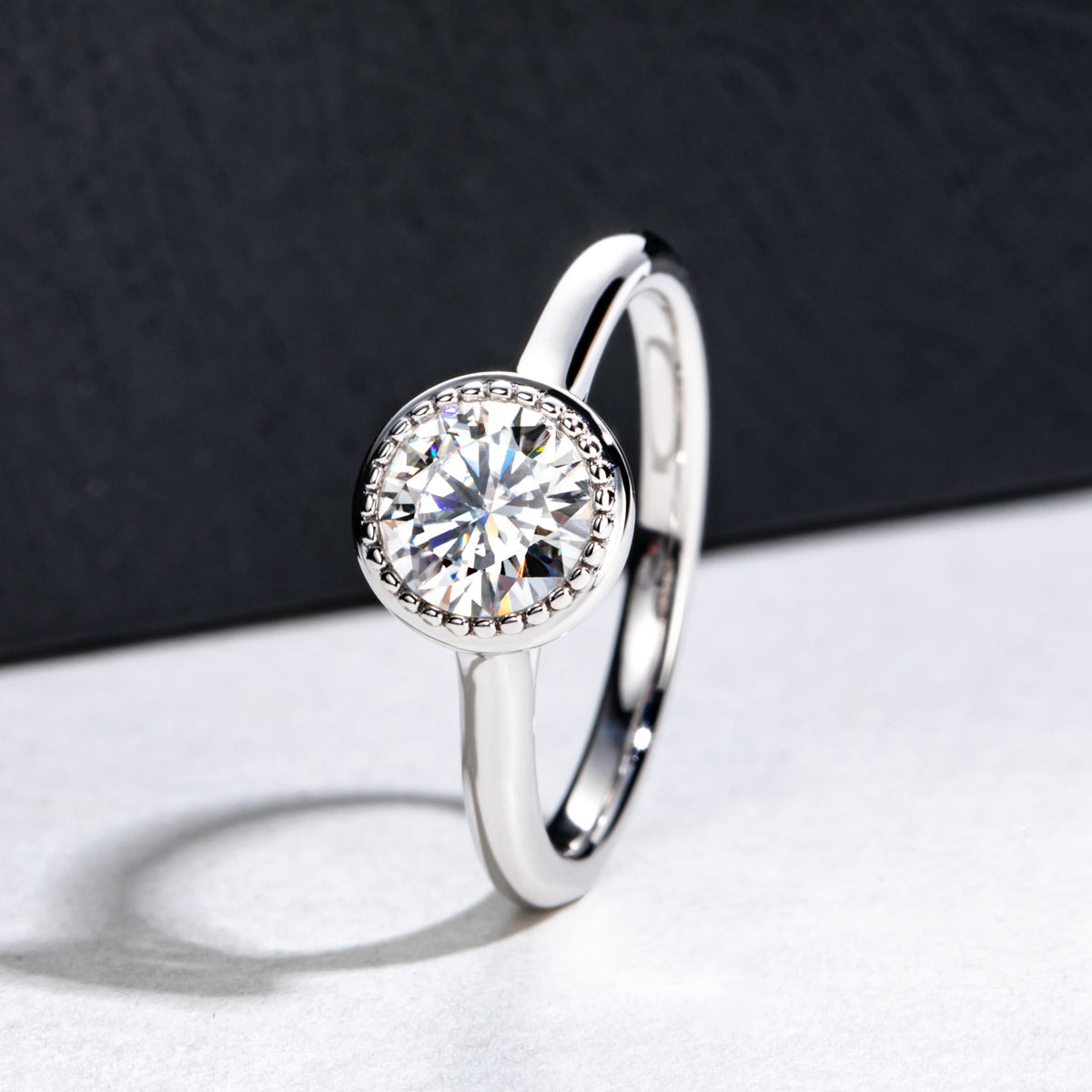 1CT Round Moissanite Ring, 6.5mm Stone, 18K Gold Bezel Setting