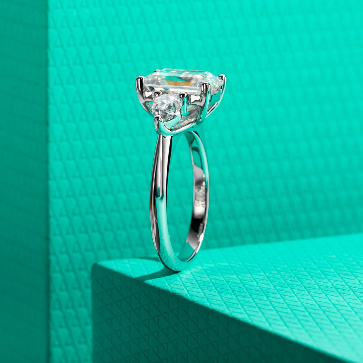 4ct D Color Emerald Cut Moissanite & 0.5ct Pear Cut Engagement Ring 18K Gold Plated Ideal