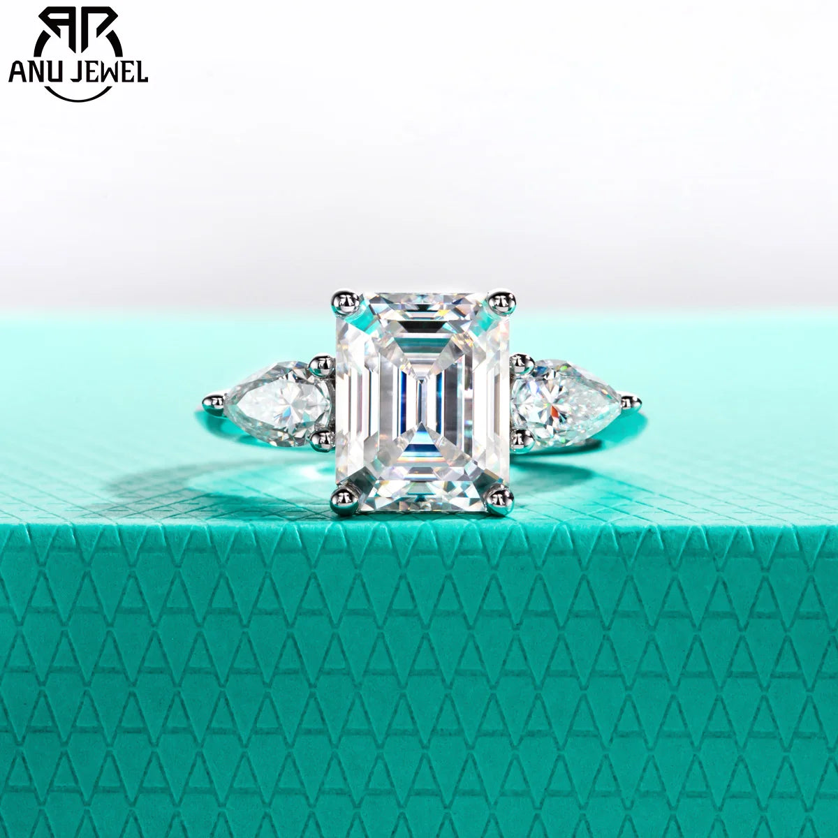 4ct D Color Emerald Cut Moissanite & 0.5ct Pear Cut Engagement Ring 18K Gold Plated Ideal