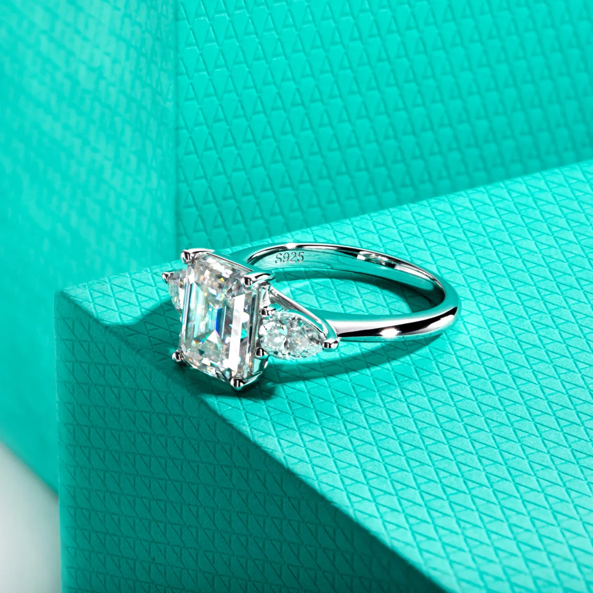 4ct D Color Emerald Cut Moissanite & 0.5ct Pear Cut Engagement Ring 18K Gold Plated Ideal