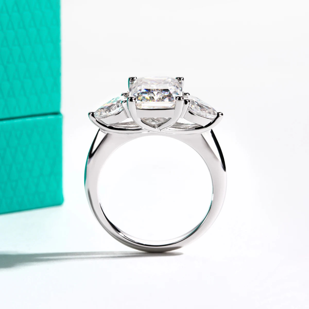 4ct D Color Emerald Cut Moissanite & 0.5ct Pear Cut Engagement Ring 18K Gold Plated Ideal