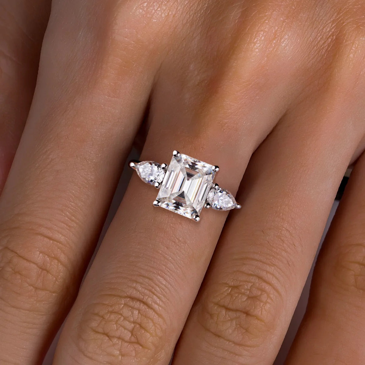 4ct D Color Emerald Cut Moissanite & 0.5ct Pear Cut Engagement Ring 18K Gold Plated Ideal