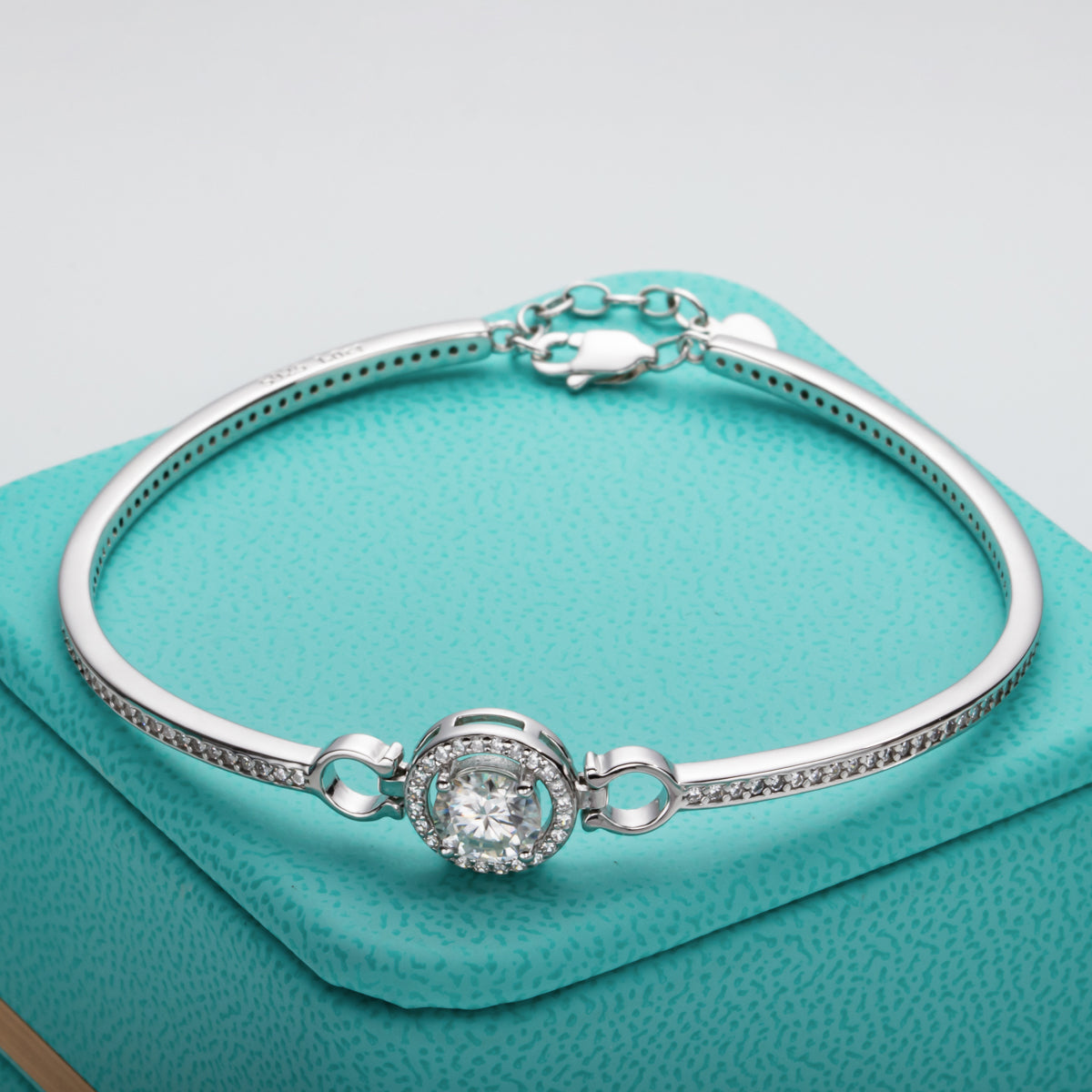 Moissanite Diamond Silver Bracelet 18K White Gold Plated Adjustable Bangles