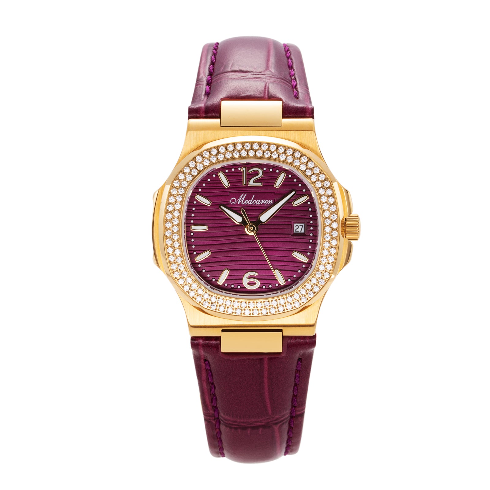 Elegant Women's 24K Gold Quartz Watch 30.5mm Purple Leather Strap Calendar Waterproof Business Daily Wear
