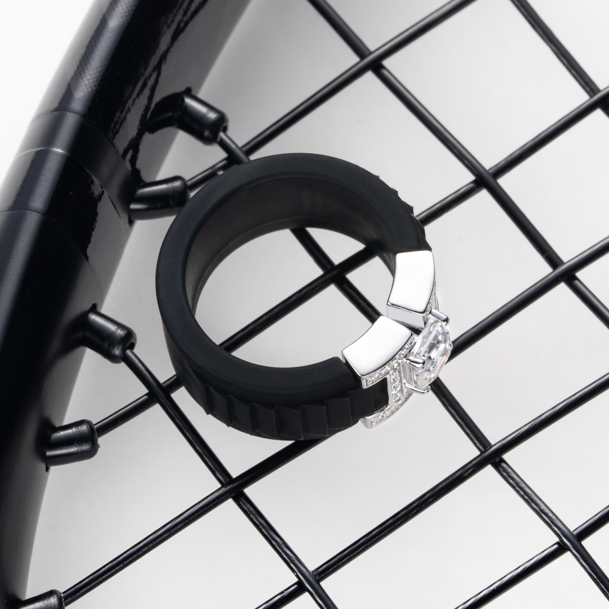 Jadeite Moissanite Black Silicone 925 Sterling Silver Ring