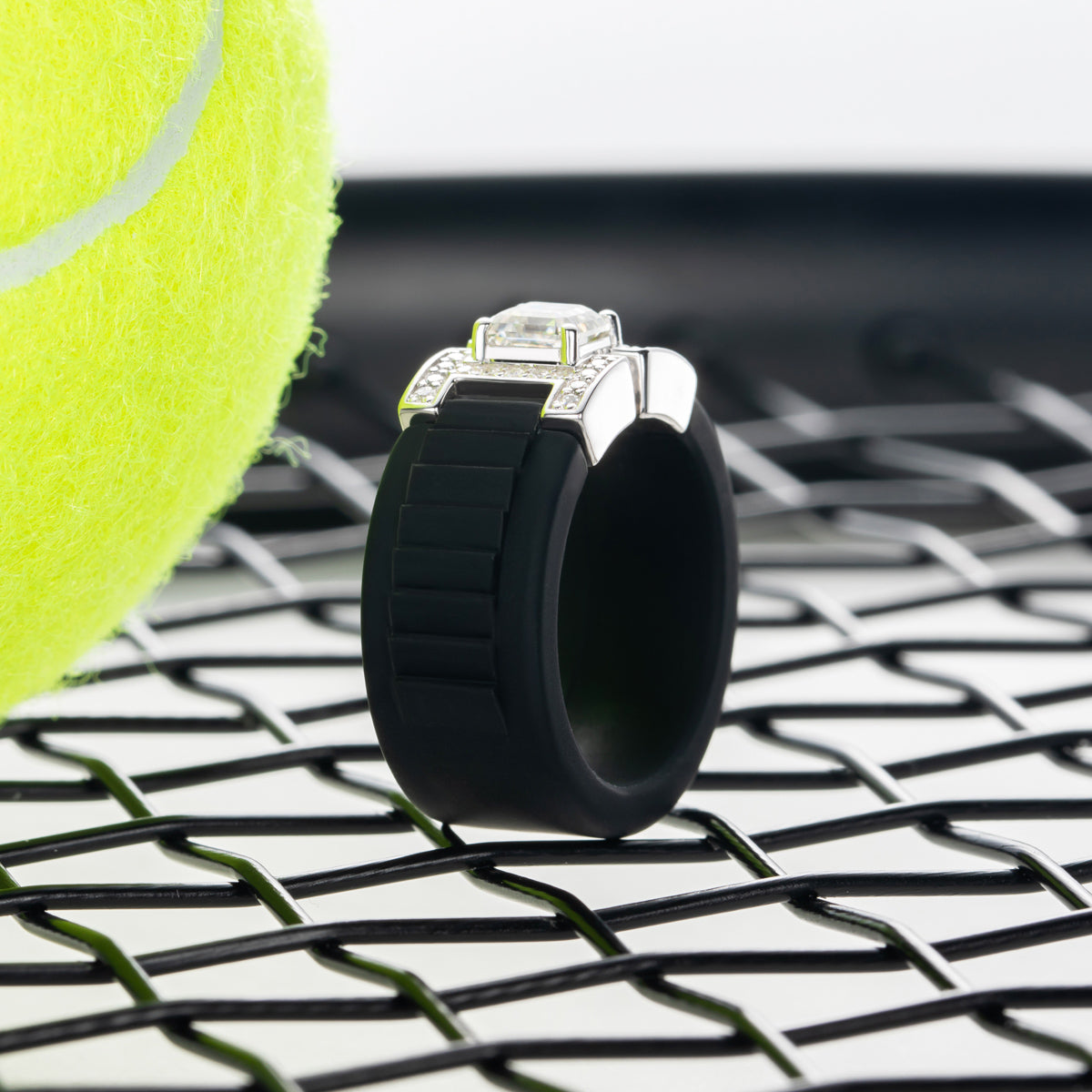 Jadeite Moissanite Black Silicone 925 Sterling Silver Ring