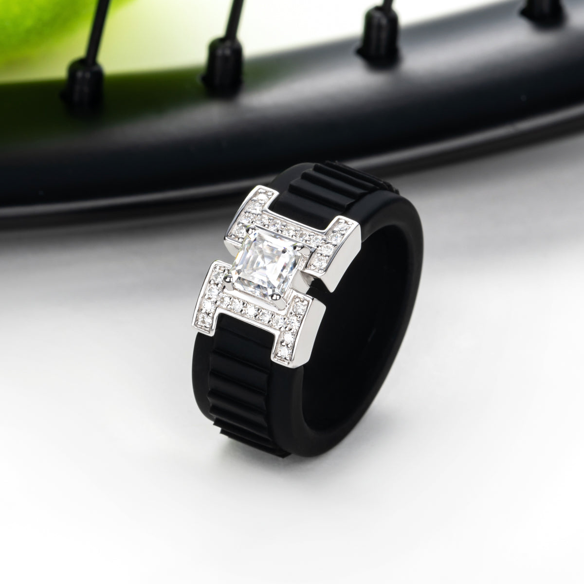 Jadeite Moissanite Black Silicone 925 Sterling Silver Ring